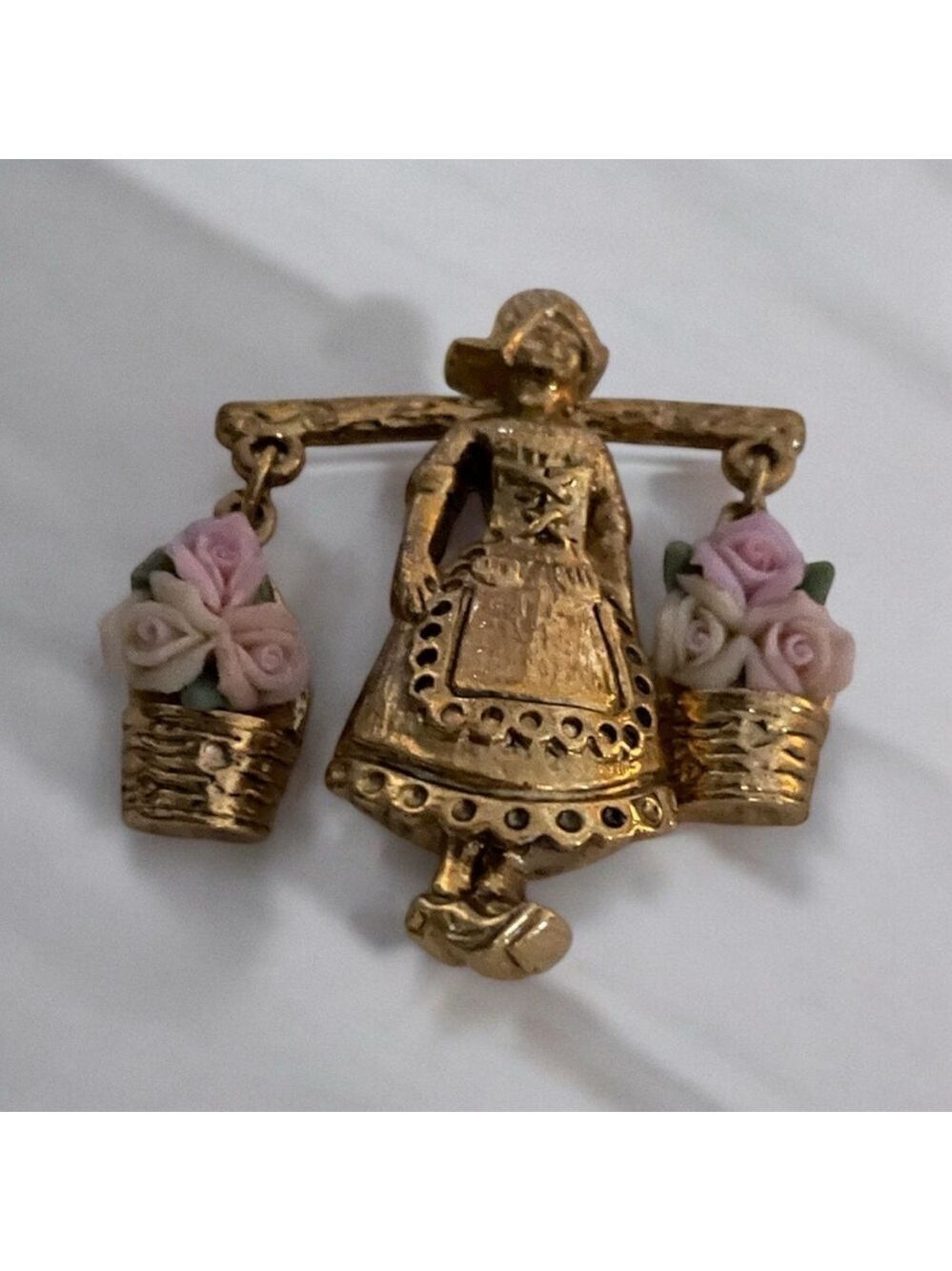 Vintage Brooch,Maid Carrying Flower Baskets made by 1928 Jewelry, Swinging